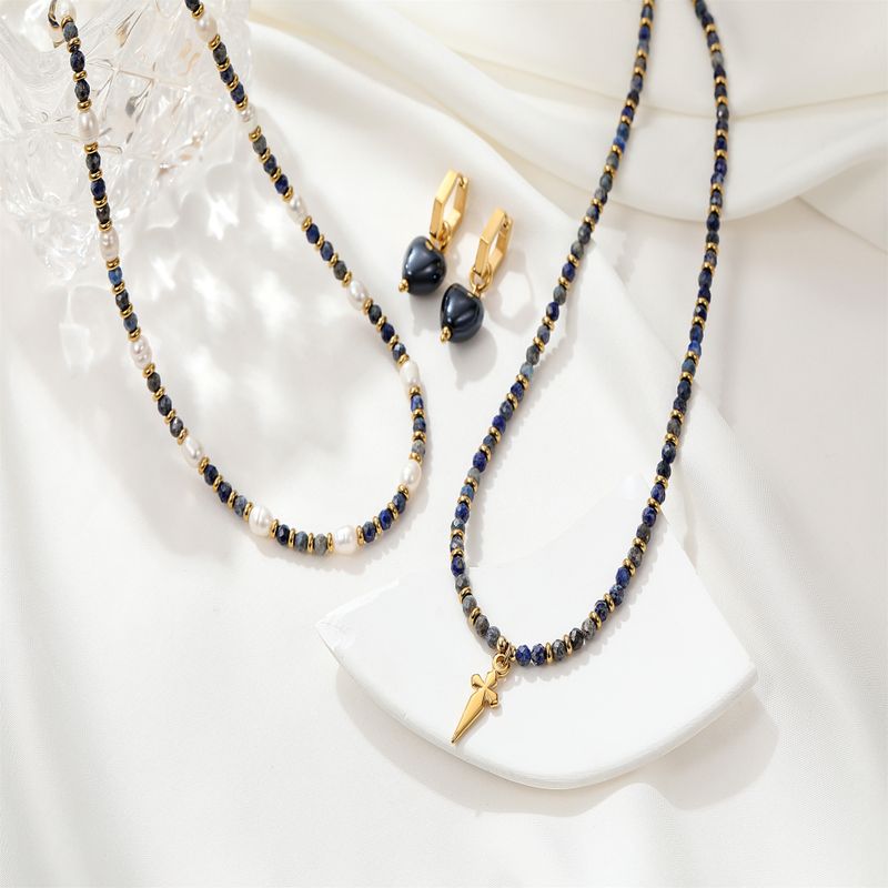 Élégant Style Simple Forme De Cœur Acier Inoxydable Perle D'eau Douce Lapis Lazuli Femmes Pendentif