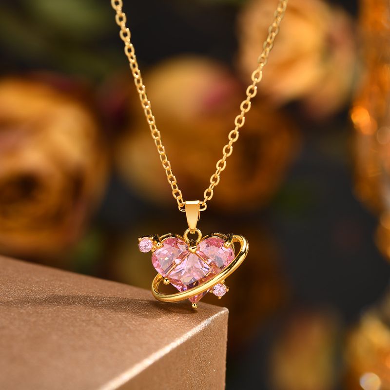 Kupferlegierung 18 Karat Vergoldet Elegant Glänzend Herzform Zirkon Halskette Mit Anhänger