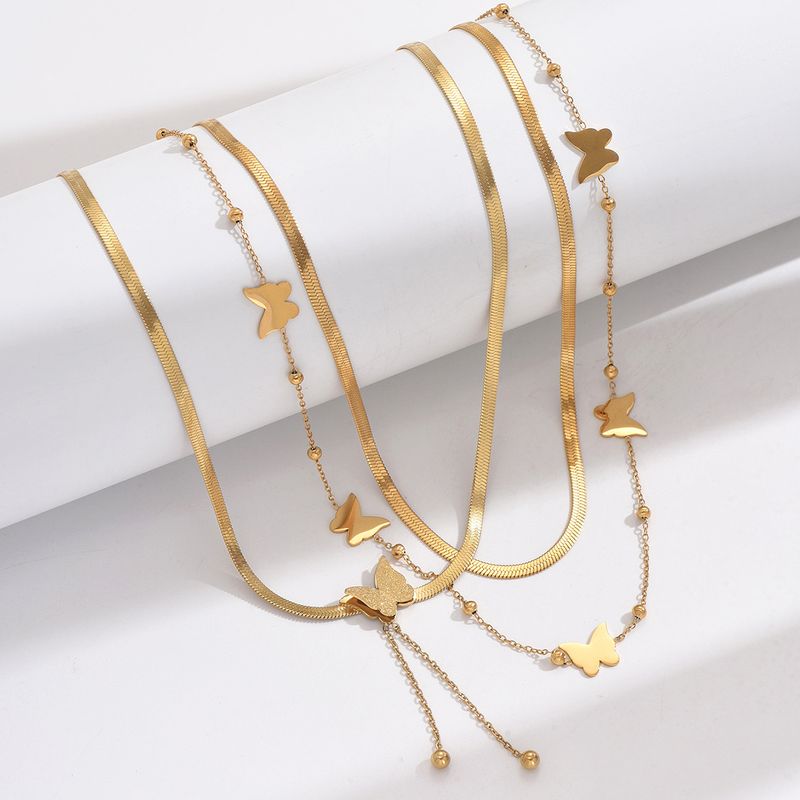 Edelstahl 304 14 Karat Vergoldet IG-Stil Elegant Koreanische Art Polieren Schmetterling Doppellagige Halsketten Halskette