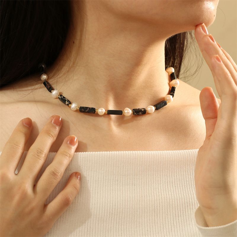 IG Style Handmade Korean Style Rectangle Freshwater Pearl Stone Copper Beaded 18K Gold Plated Women's Necklace