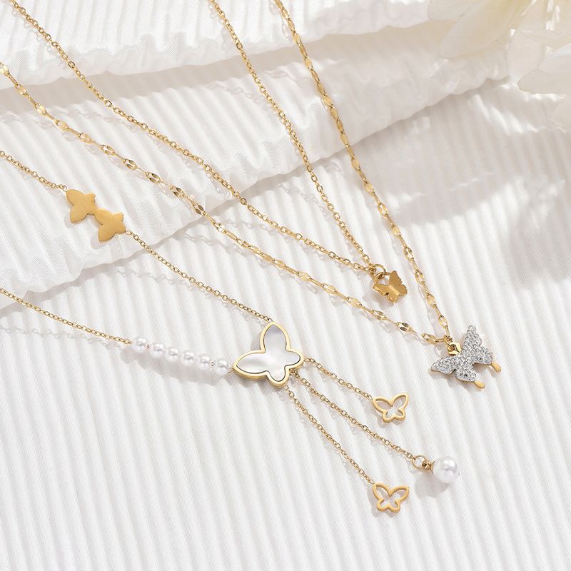 Stainless Steel Imitation Pearl Shell 14K Gold Plated IG Style Shiny Beaded Inlay Butterfly Shell Zircon Double Layer Necklaces Pendant Necklace