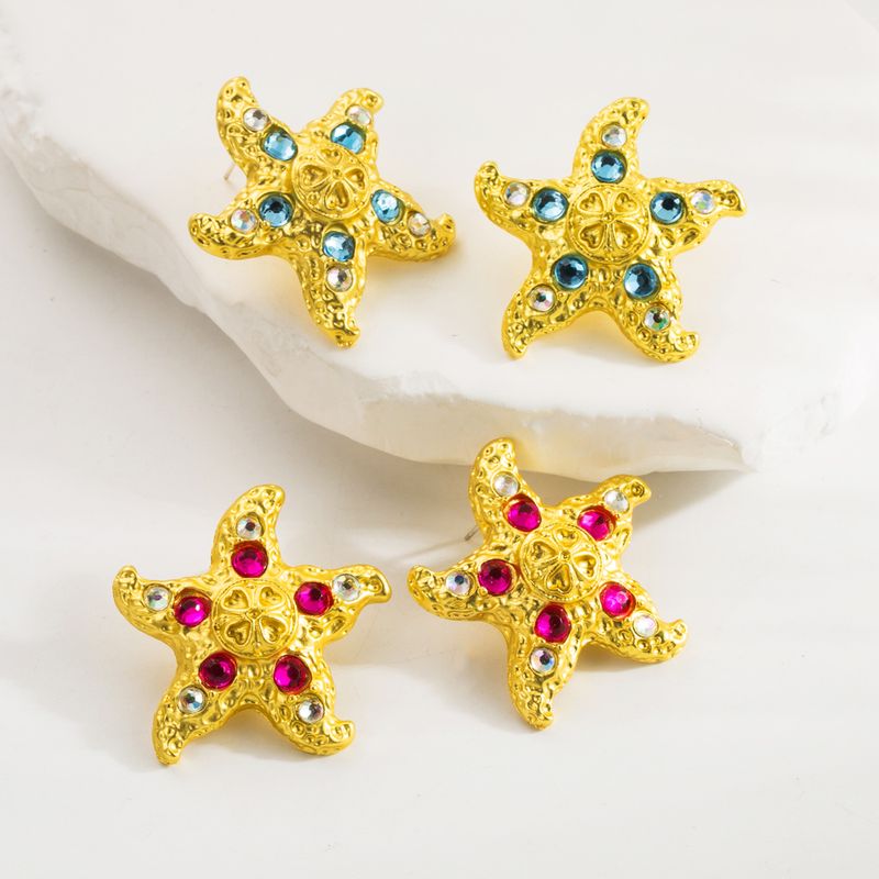 1 Pair Vacation Beach Starfish Inlay Alloy Rhinestones Gold Plated Ear Studs
