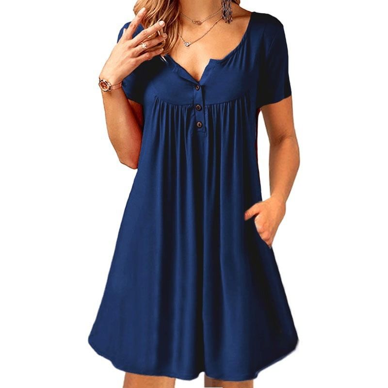 Normales Kleid Pendeln V-Ausschnitt Drucken Taste Halbarm Einfarbig Midi-Kleid Ferien Täglich