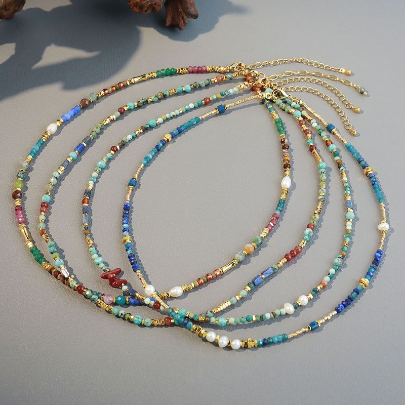 Vacation Geometric Color Block Natural Stone Freshwater Pearl Copper Necklace In Bulk