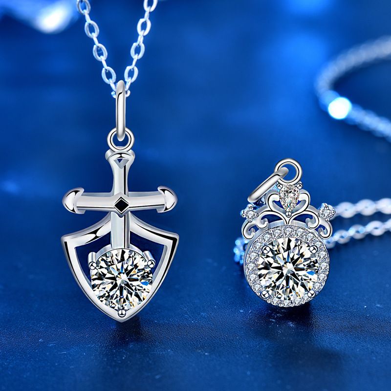 Sterling Silver Elegant Crown GRA Inlay Diamond Moissanite Pendant Necklace