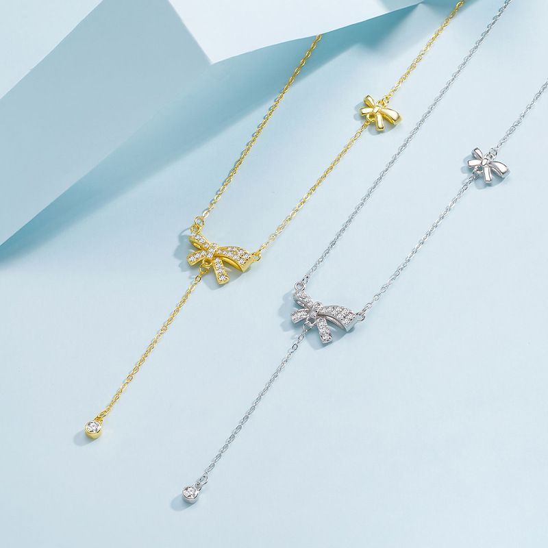 Sterling Silber Elegant Einfacher Stil Bogenknoten Überzug Zirkon Halskette Mit Anhänger