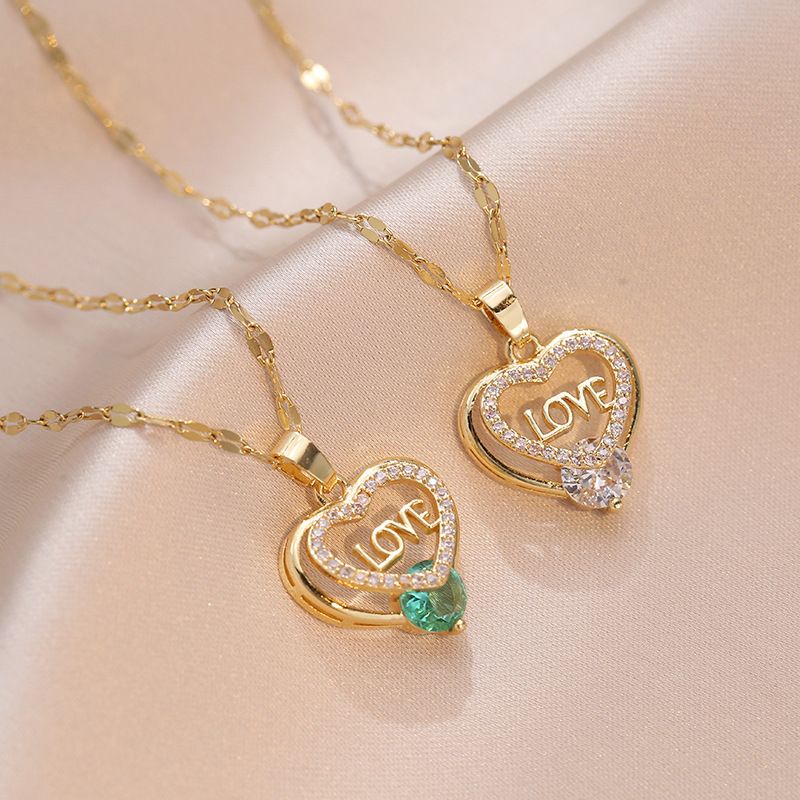 Titanium Steel Sweet Heart Shape Diamond Pendant Necklace