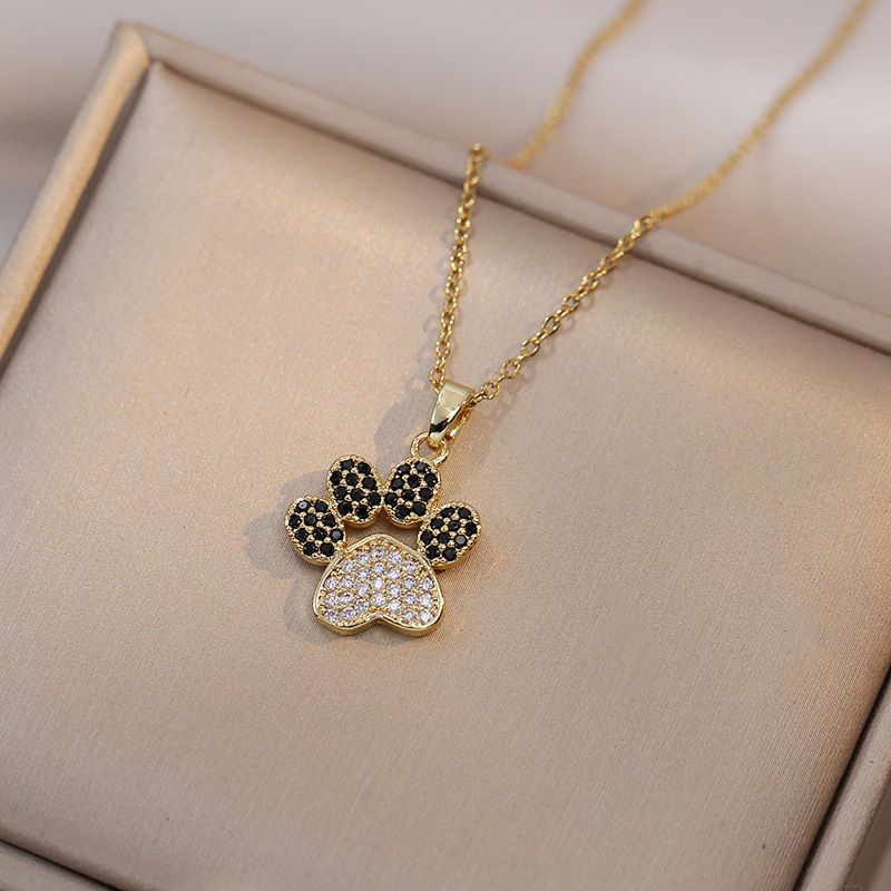 Titanium Steel Cute Paw Print Diamond Pendant Necklace