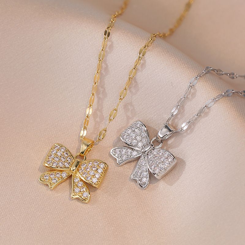Titanium Steel Vintage Style Bow Knot Diamond Pendant Necklace