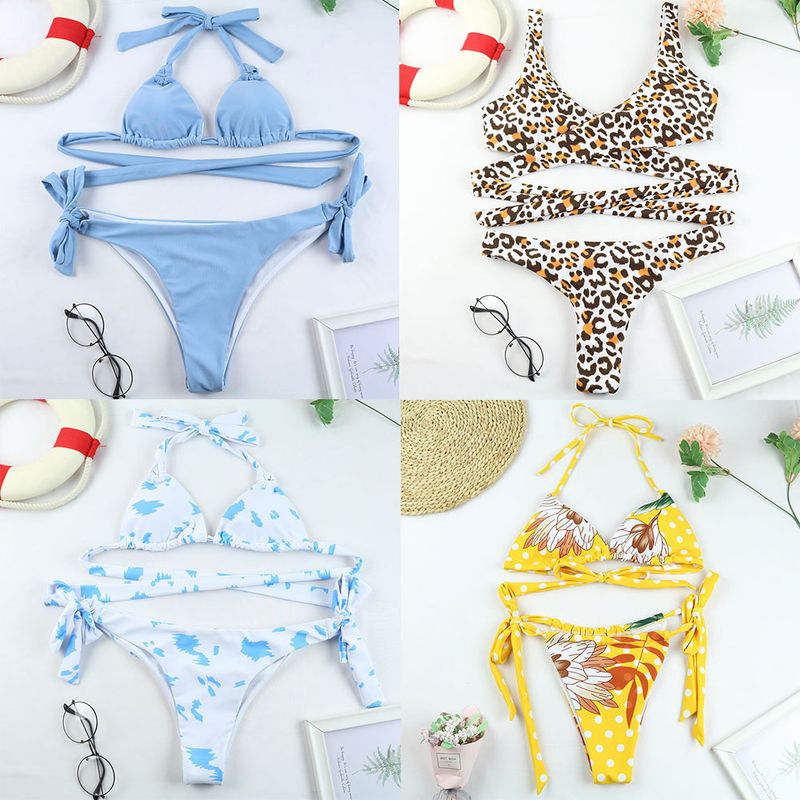 Women's Solid Color Printing 2 Pieces Set Bikinis Swimwear