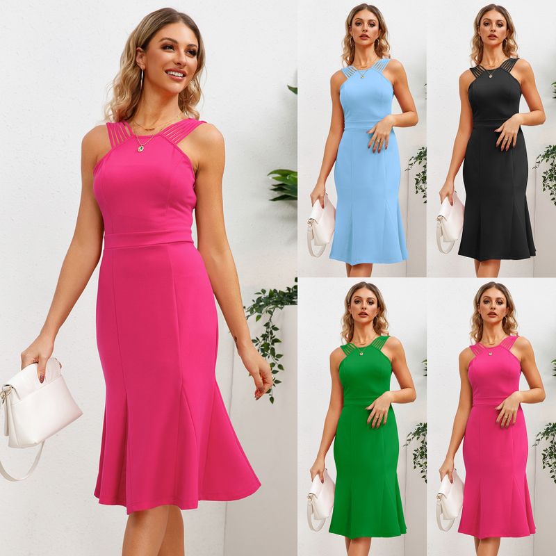 Women's Regular Dress Simple Style U Neck Ruffles Hollow Out Sleeveless Solid Color Knee-Length Holiday Daily