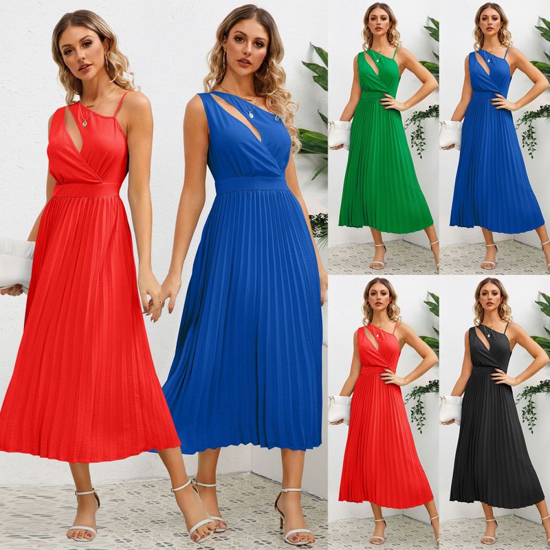Women's Regular Dress Simple Style Oblique Collar Pleated Sleeveless Solid Color Midi Dress Masquerade