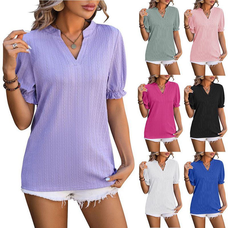 Frau T-Shirt Kurzarm T-Shirts Patchwork Jacquard Ferien Einfarbig
