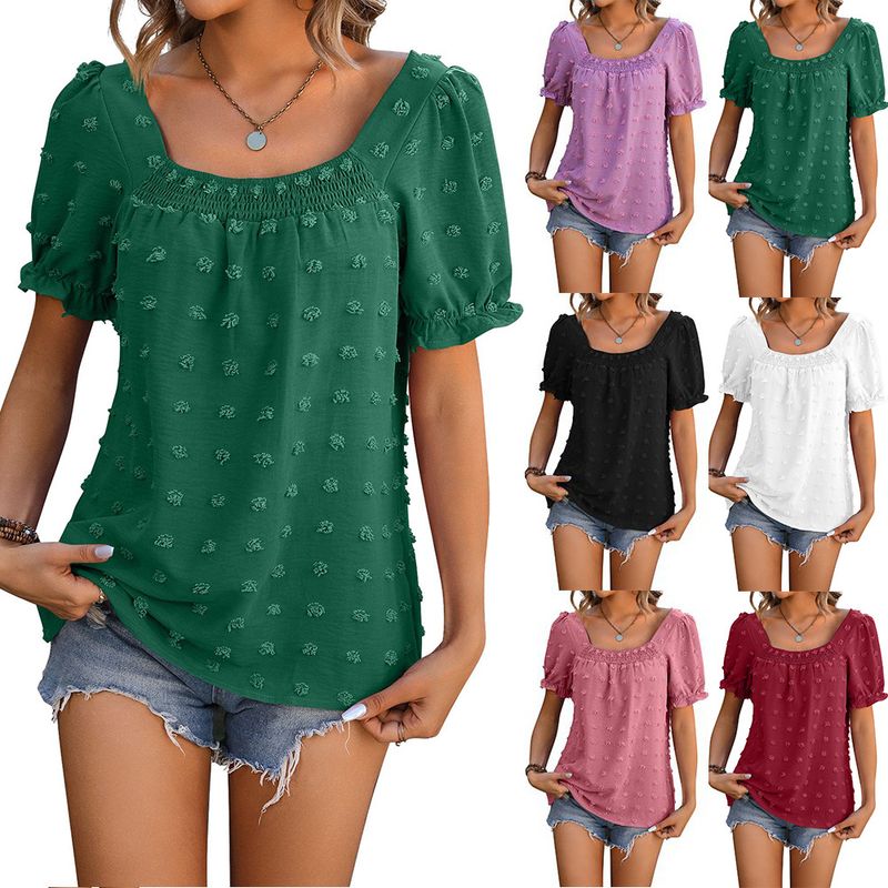 Mujeres Camisa De Gasa Manga Corta Camisetas Jacquard Plisado Vacaciones Color Sólido