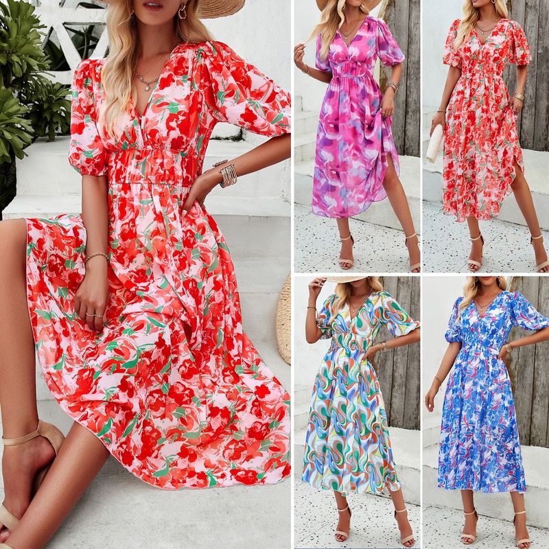 Women's Regular Dress Simple Style V Neck Printing Half Sleeve Multicolor Midi Dress Holiday Daily
