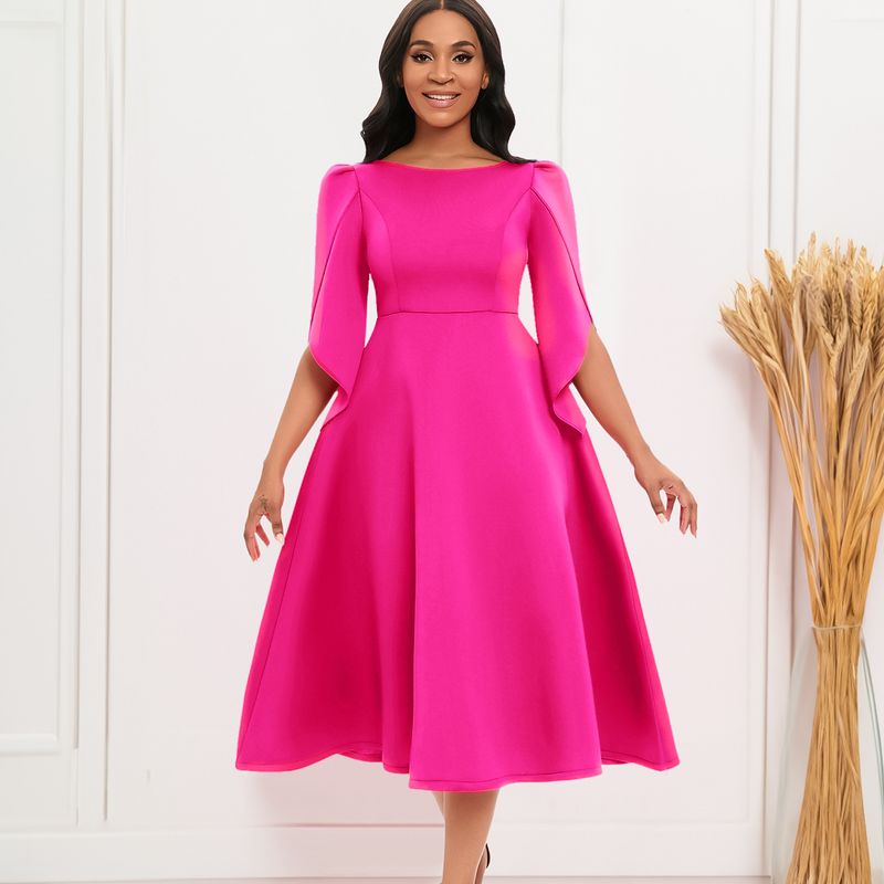 Women's Swing Dress Simple Style Round Neck 3/4 Length Sleeve Solid Color Midi Dress Holiday Daily