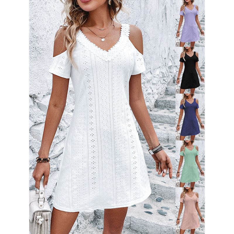 Women's Regular Dress Vacation Simple Style V Neck Lace Hollow Out Short Sleeve Solid Color Midi Dress Holiday Daily