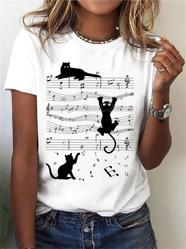 Women's T-shirt Short Sleeve T-Shirts Printing Simple Style Cat Notes