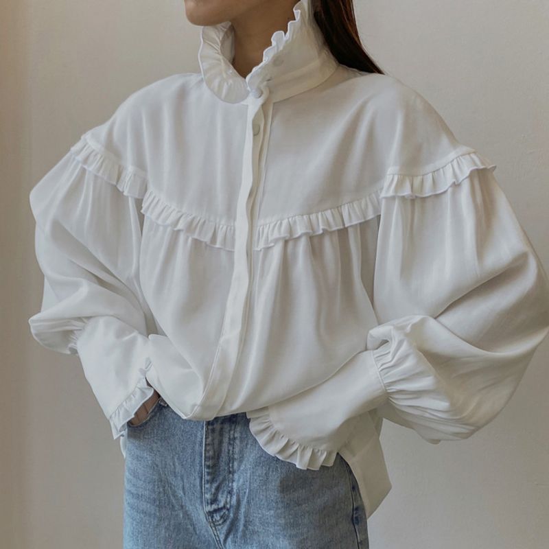 Women's Blouse Long Sleeve Blouses Ruffles Casual Solid Color
