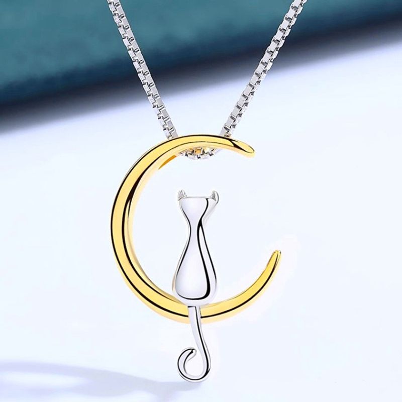 Sterling Silver IG Style Sweet Moon Cat Pendant Necklace