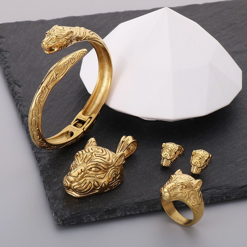 Stainless Steel 18K Gold Plated Punk Tiger Charms Rings Bracelets