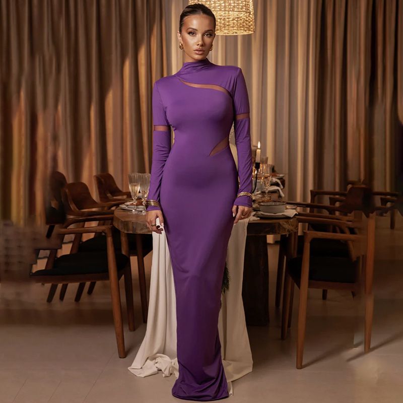 Women's Ball Gown Sexy Round Neck Long Sleeve Solid Color Maxi Long Dress Banquet Date