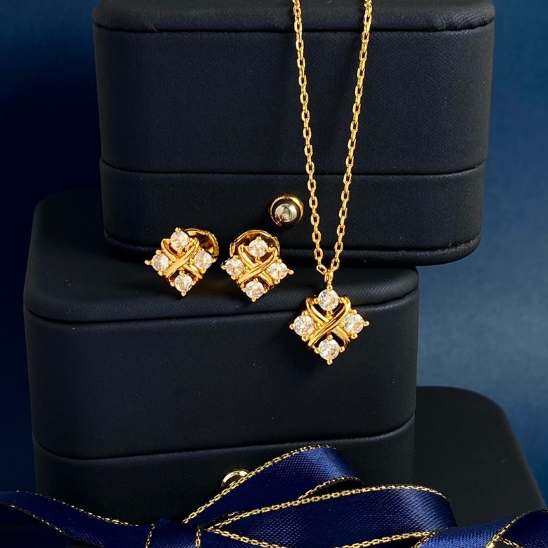 Copper 18K Gold Plated IG Style Commute Shiny Square Inlay Zircon Earrings Necklace