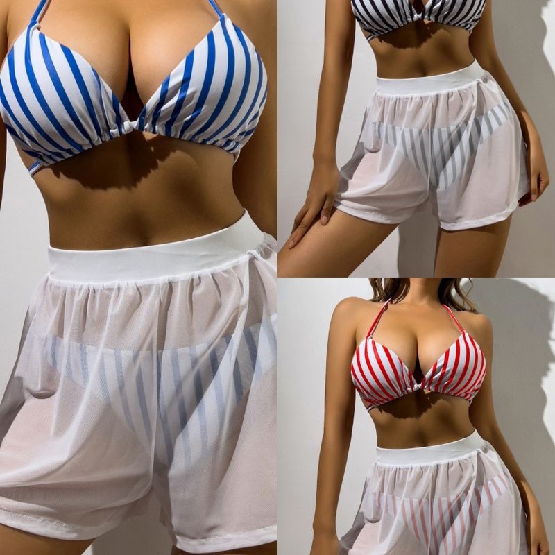 Women's Stripe 3 Pieces Set Bikinis Swimwear