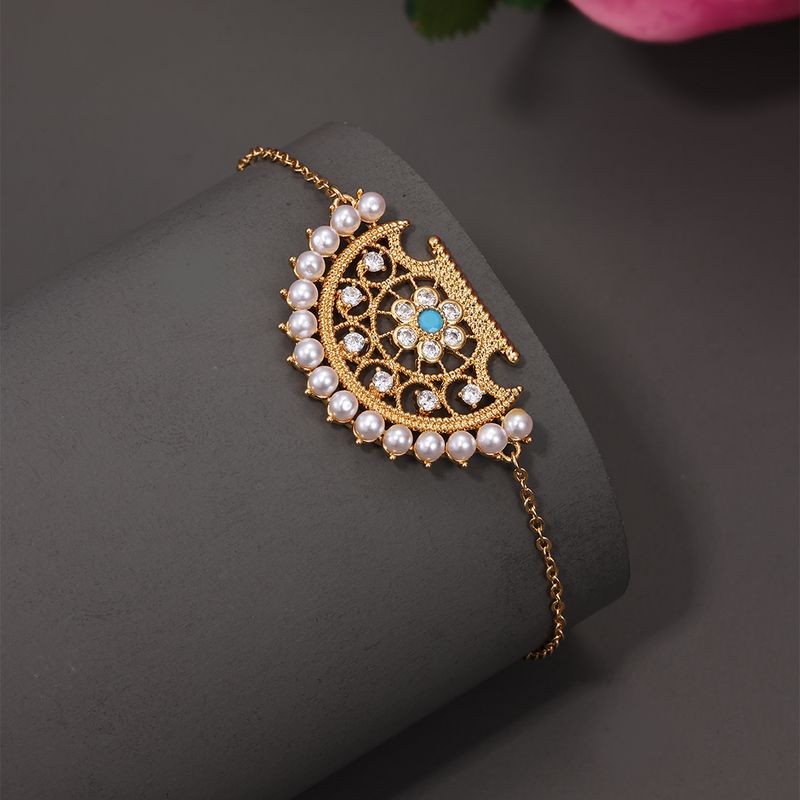 Cobre Chapados en oro de 18k Retro Sector Embutido Perlas Artificiales Circón Pulsera