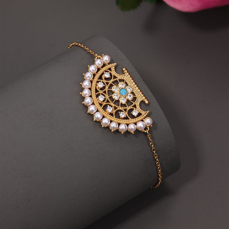Copper 18K Gold Plated Retro Sector Inlay Artificial Pearls Zircon Bracelets