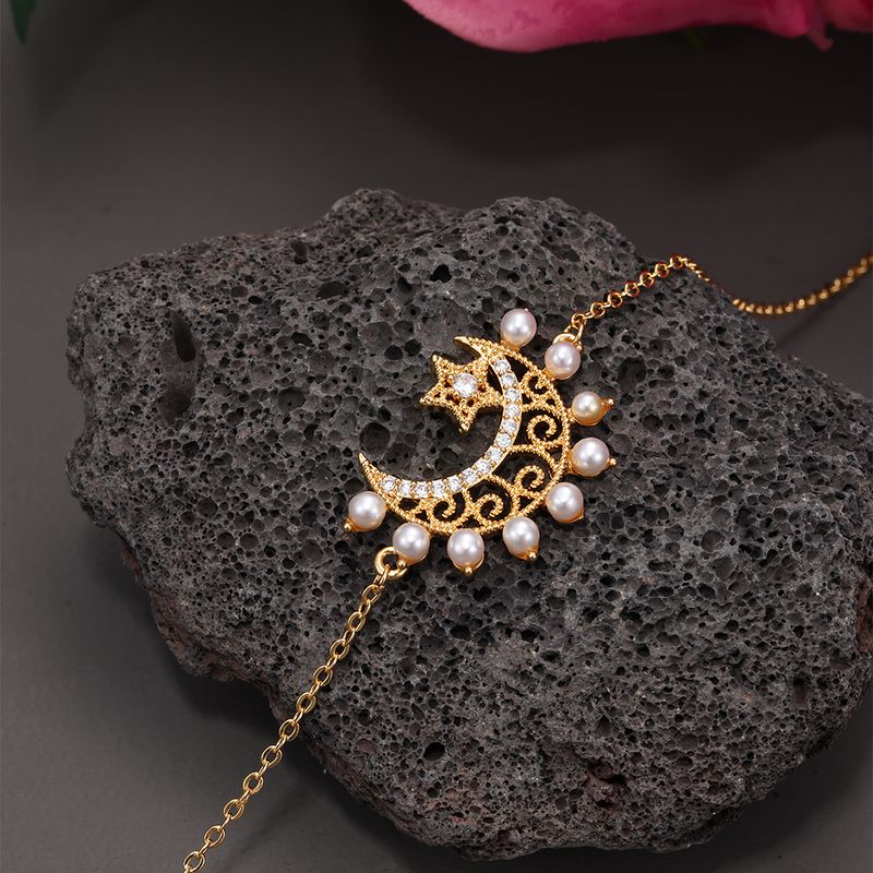 Kupfer 18 Karat Vergoldet Elegant Retro Stern Mond Inlay Künstliche Perlen Zirkon Armbänder