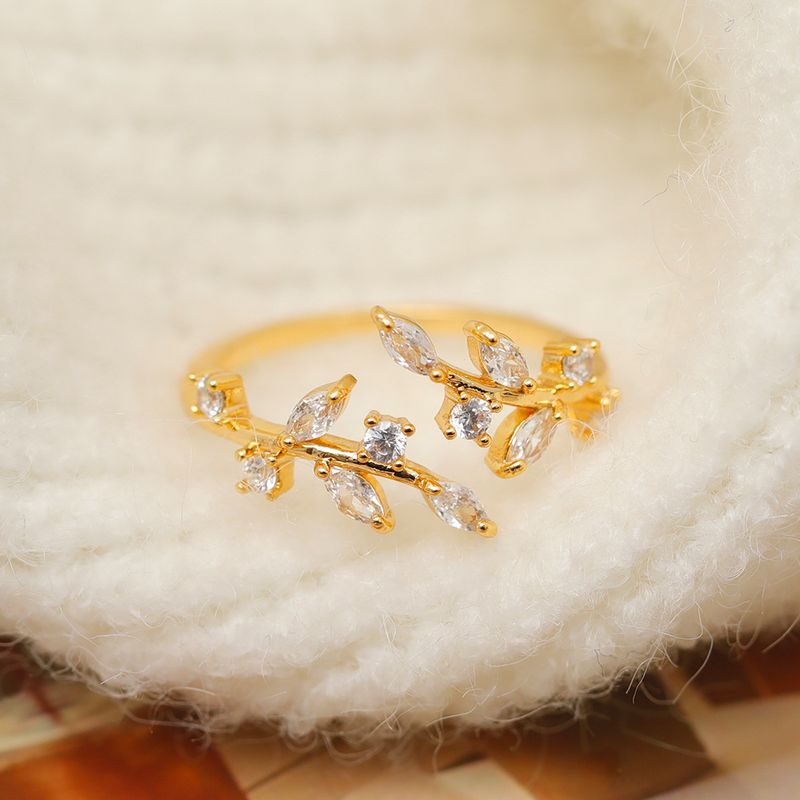 Wholesale Vacation Simple Style Leaves Copper Plating Inlay 18K Gold Plated Zircon Open Rings