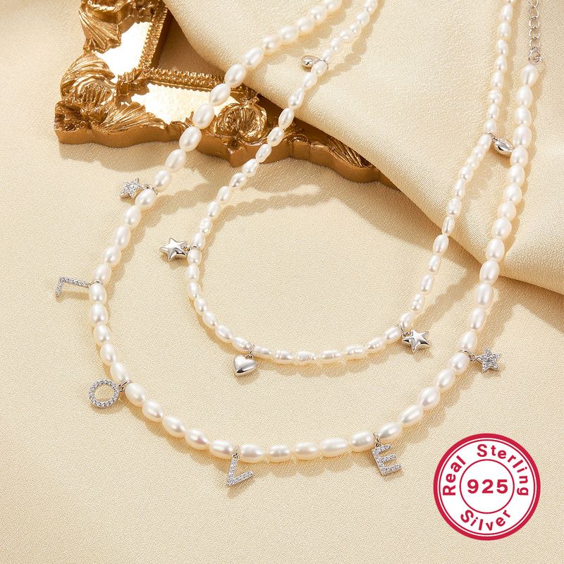 Élégant Lettre Perlé Perles Baroques Argent Sterling Or Blanc Plaqué Diamant Artificiel Perle Perles Collier Ras De Cou En Masse