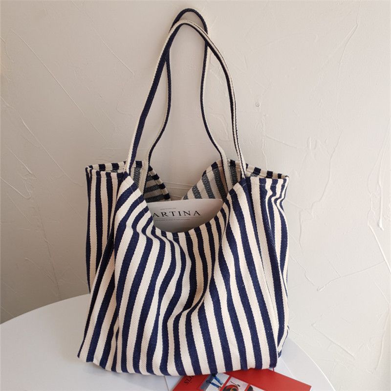 Women's Large Canvas Stripe Classic Style Open Shoulder Bag