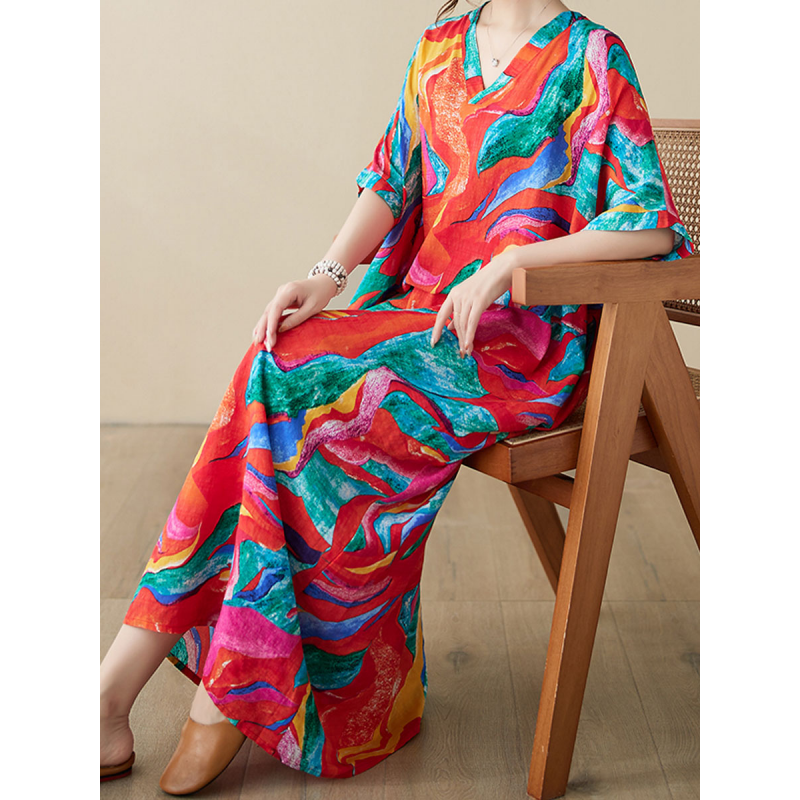 Women's Regular Dress Vintage Style Vacation Ethnic Style V Neck Printing Short Sleeve Printing Color Block Maxi Long Dress Holiday Daily