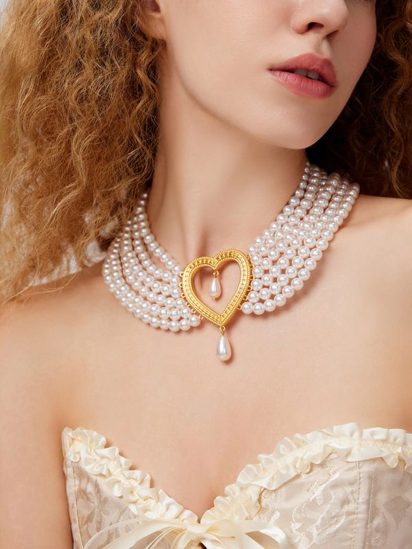 Elegant French Style Heart Shape Imitation Pearl Alloy Beaded 18K Gold Plated Women's Layered Necklaces