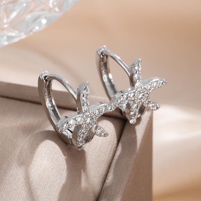 1 Pair Elegant Cute Starfish Copper Zircon Silver Plated Hoop Earrings