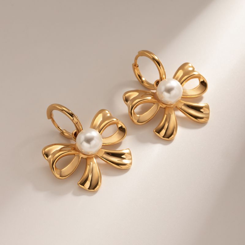 1 Pair IG Style Bow Knot Inlay 304 Stainless Steel Artificial Pearls 18K Gold Plated Drop Earrings