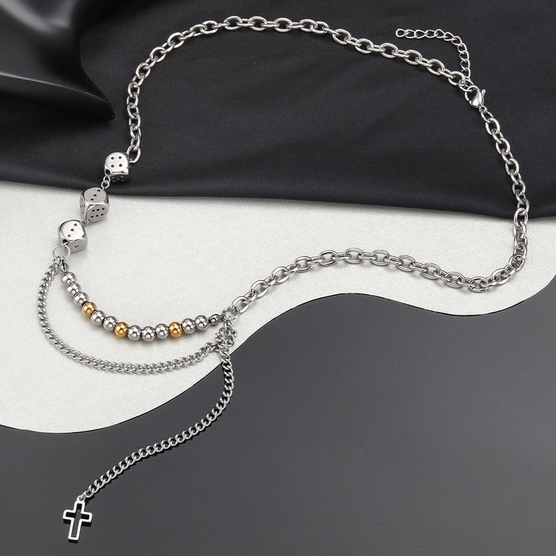 304 Stainless Steel Hip-Hop Beaded Chain Hollow Out Cross Dice Necklace