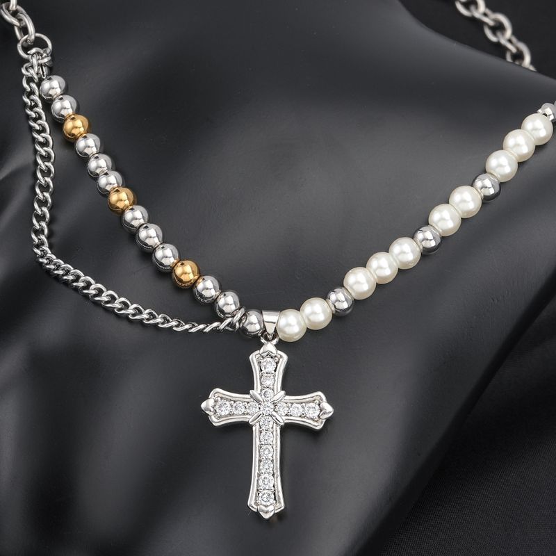 304 Stainless Steel Casual Hip-Hop Beaded Pearl Inlay Cross Zircon Pendant Necklace