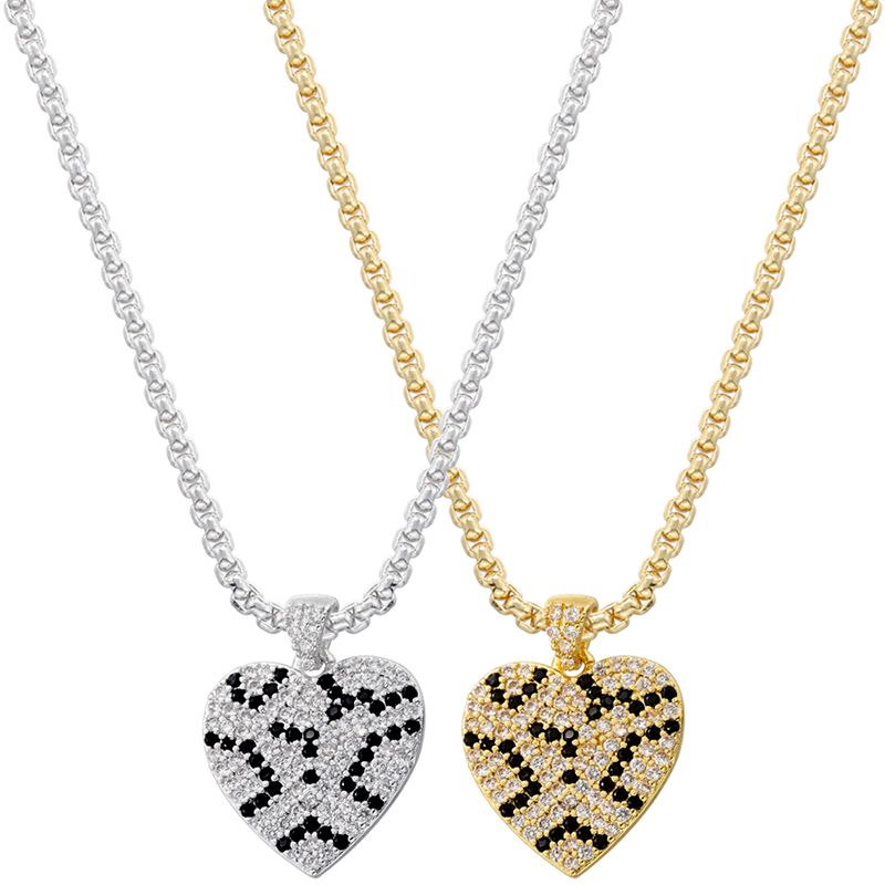 Brass 18K Gold Plated Elegant Hip-Hop Luxurious Heart Shape Leopard Inlay Zircon Pendant Necklace
