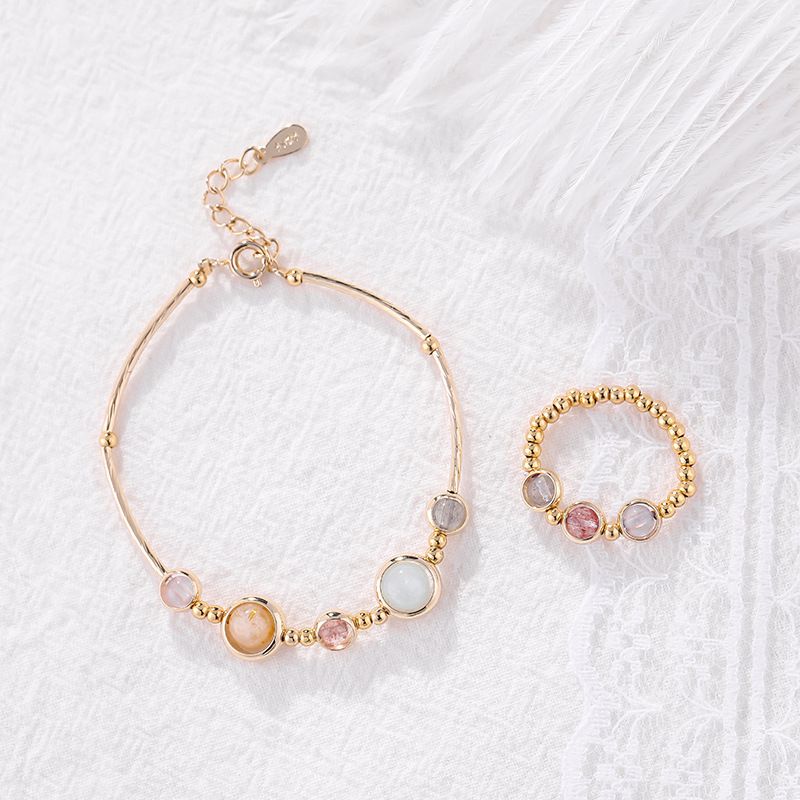 Copper 14K Gold Plated Elegant Simple Style Round Beaded Plating Inlay Crystal Rings Bracelets
