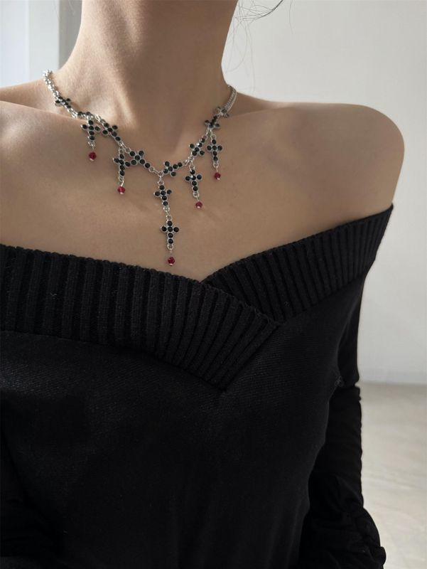 Casual Hip-Hop Vintage Style Cross Stainless Steel Alloy Necklace 304/Artificial Crystal Inlay Artificial Rhinestones Silver Plated Women's Pendant Necklace Sweater Chain