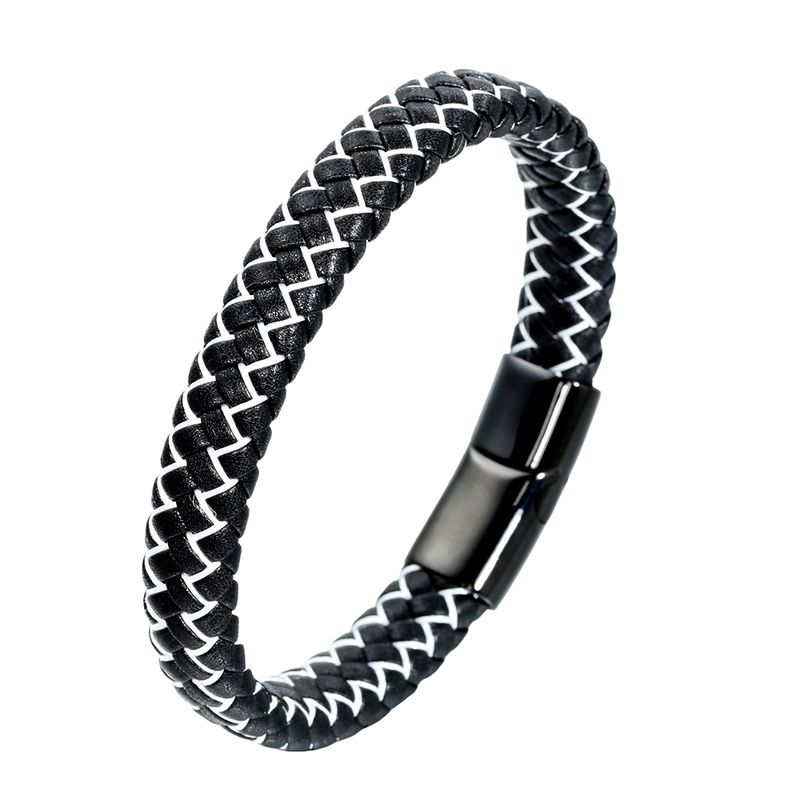 Casual Simple Style Plaid Stainless Steel Pu Leather Braid None Rhodium Plated Unisex Wristband