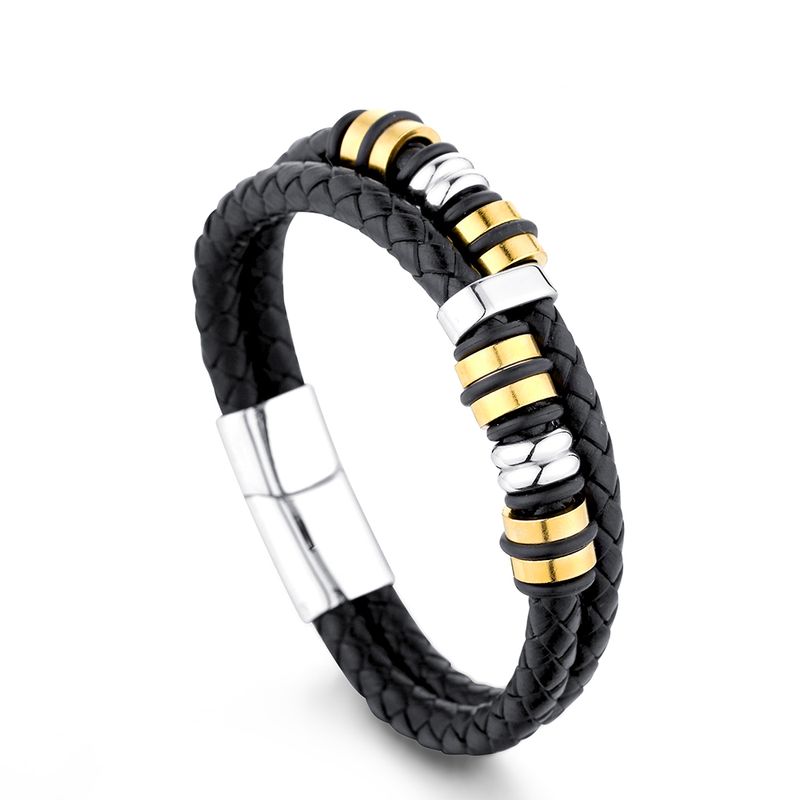 Simple Style Circle Plaid Stainless Steel Pu Leather Braid None 18K Gold Plated Unisex Wristband