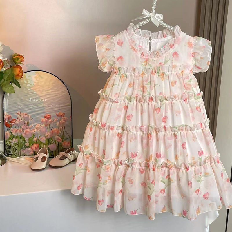 Princess Ditsy Floral Lace Bowknot Polyester Girls Dresses