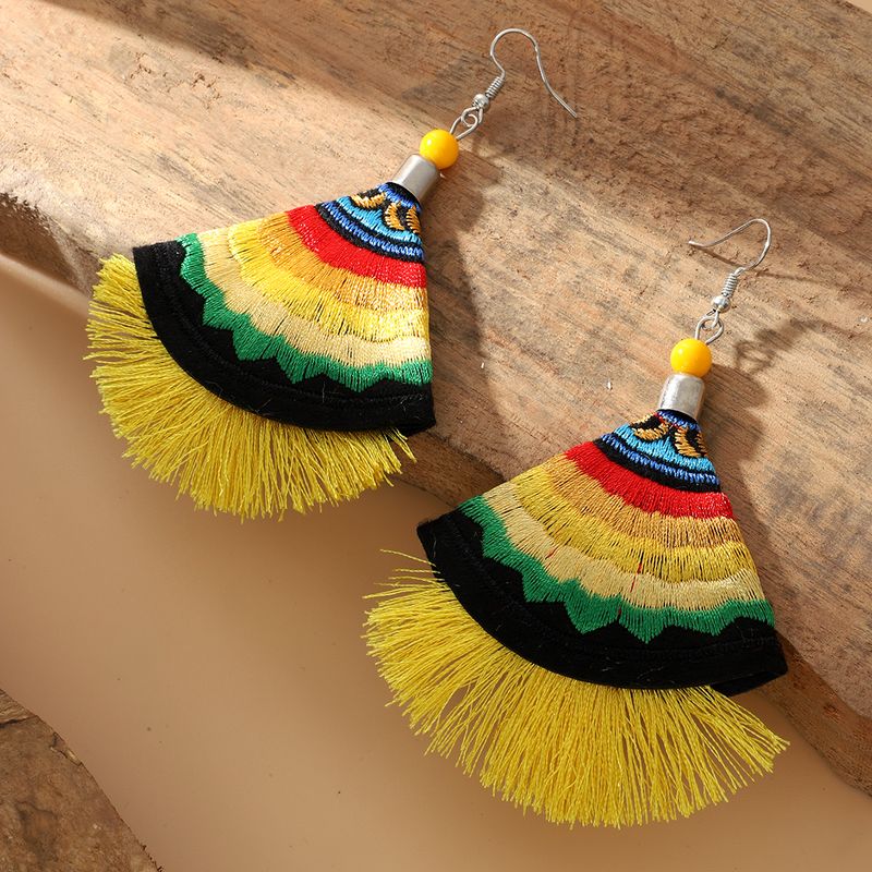 1 Pair Hawaiian Vacation Ethnic Style Sector Color Block Embroidery Tassel Cloth Drop Earrings
