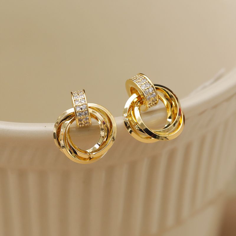 1 Pair Vintage Style Simple Style Geometric Round Inlay Copper Zircon 18K Gold Plated Ear Studs