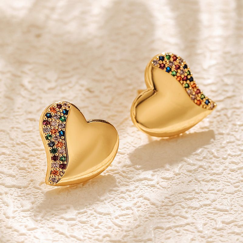 1 Pair Sweet Heart Shape Inlay Copper Zircon 18K Gold Plated Ear Studs