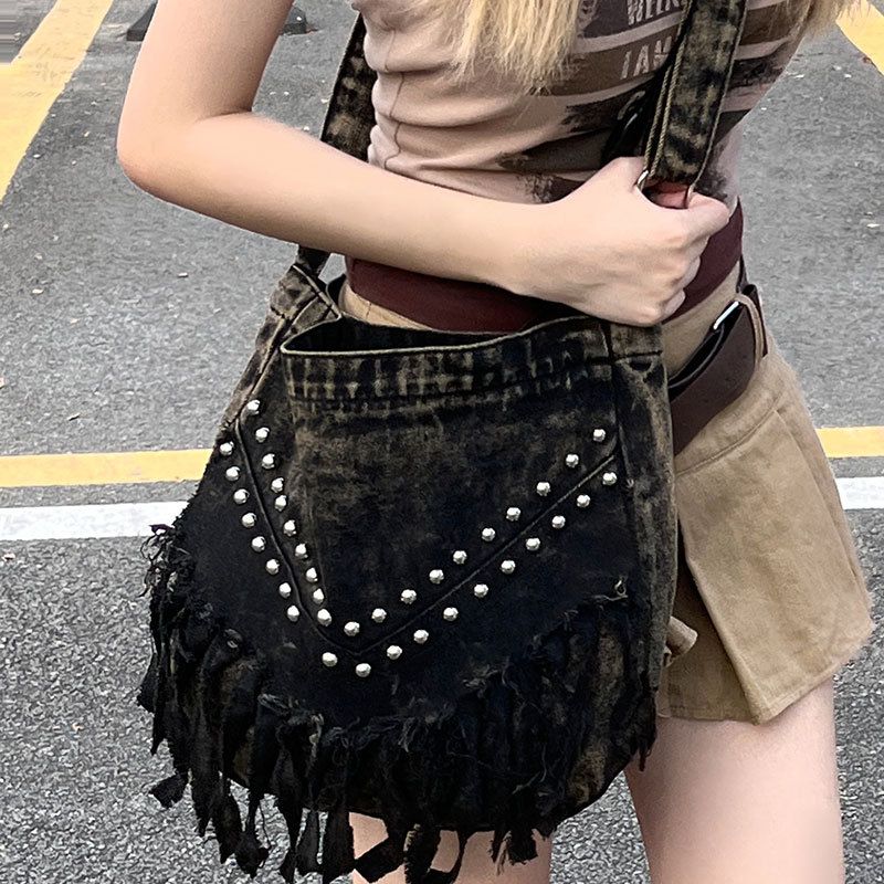 Women's Medium Summer Denim Geometric Streetwear Zipper Shoulder Bag